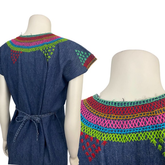 Vintage Rainbow Denim Embroidered Tie Back Tunic Top Mini Dress / Women’s Small - Picture 4 of 5
